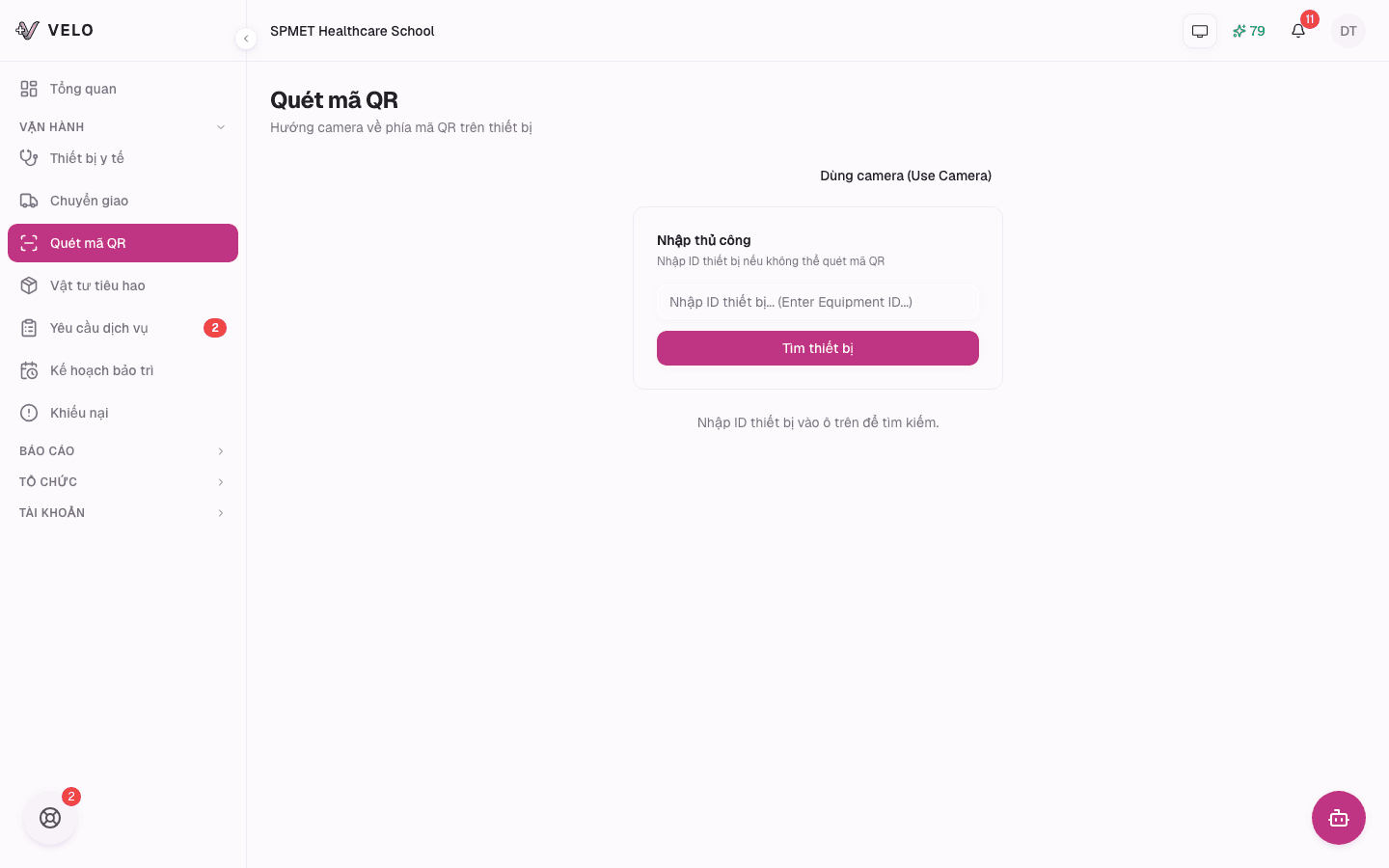 Velo QR scan workflow — tìm thiết bị trong 15 giây